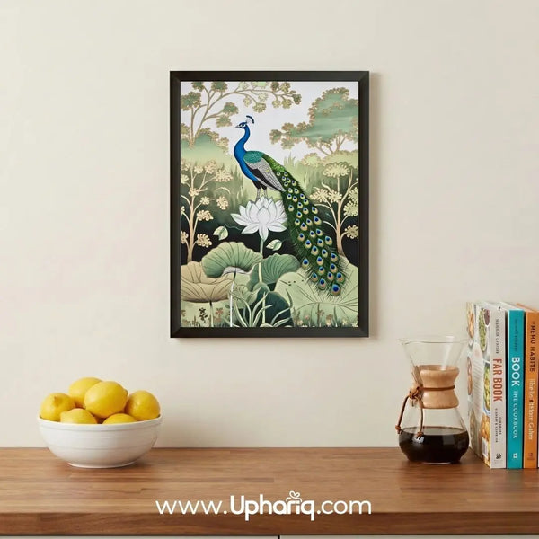 Framed peacock wall art displayed on living room wall with elegant nature-inspired artwork for home decoration