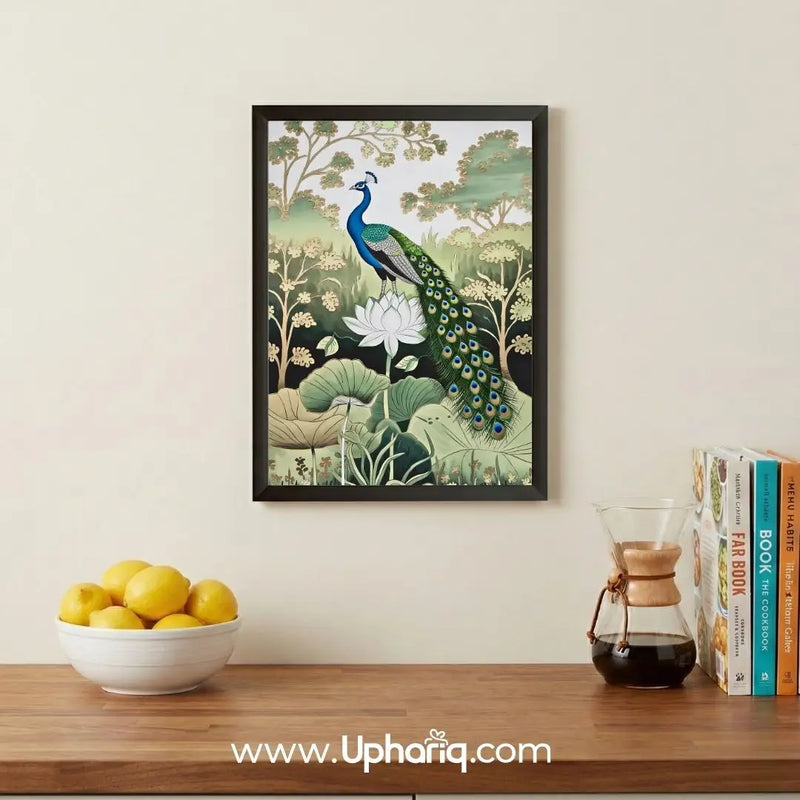 Framed peacock wall art displayed on living room wall with elegant nature-inspired artwork for home decoration