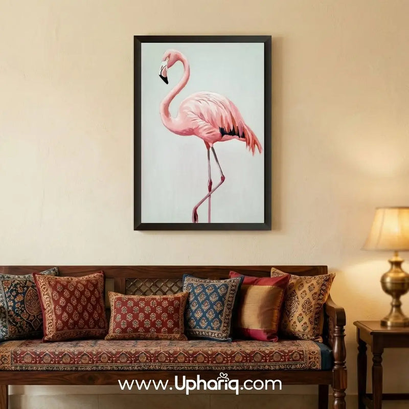 Pink flamingo artwork frame above sofa for stylish living room wall decoration