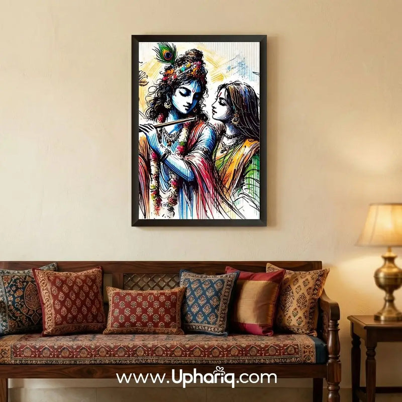 Radha Krishna devotional photo frame hung on cream wall above traditional wooden sofa with decorative cushions in Indian living room