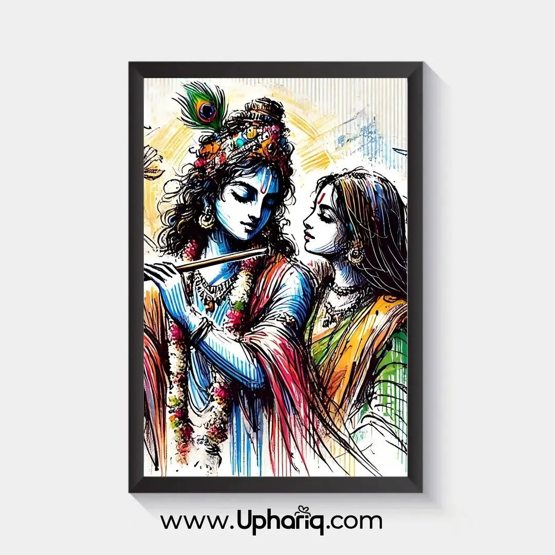 Radha Krishna photo frame with slim black fiber border and 300 GSM matte glassfree print on white background