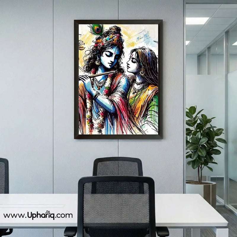 Radhe Krishna glassfree photo frame mounted on grey wall in modern corporate office above white table and black chairs