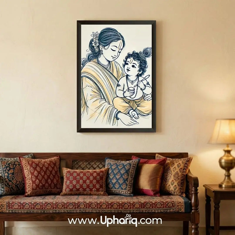 Yashoda Bal Krishna devotional photo frame hung on cream wall in Indian living room with wooden sofa and colourful cushions