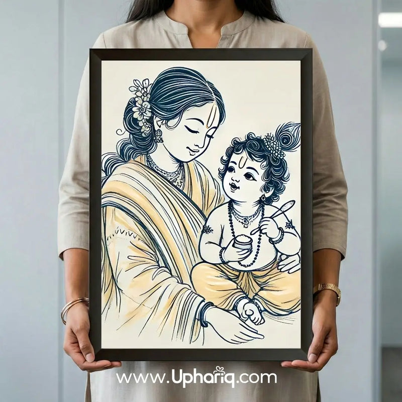 Woman holding Yashoda Krishna photo frame showing actual 12x18 inch size with matte 300 GSM print and slim black fiber border