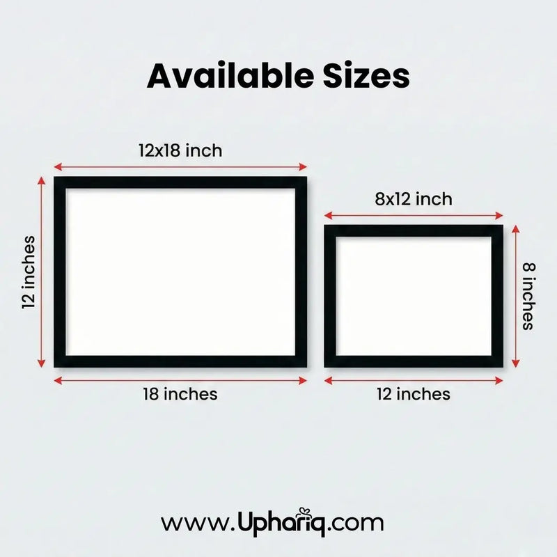 Yashoda Krishna photo frame available sizes chart showing 12x18 inch and 8x12 inch black fiber frame size comparison