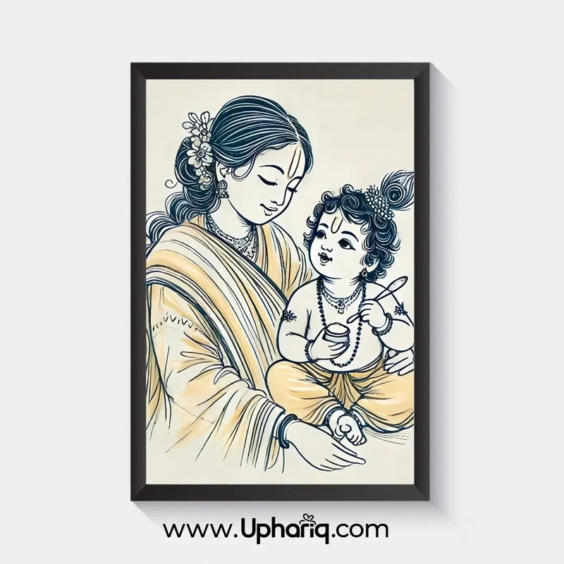 Yashoda Krishna photo frame with slim black fiber border and 300 GSM matte glassfree print on white background