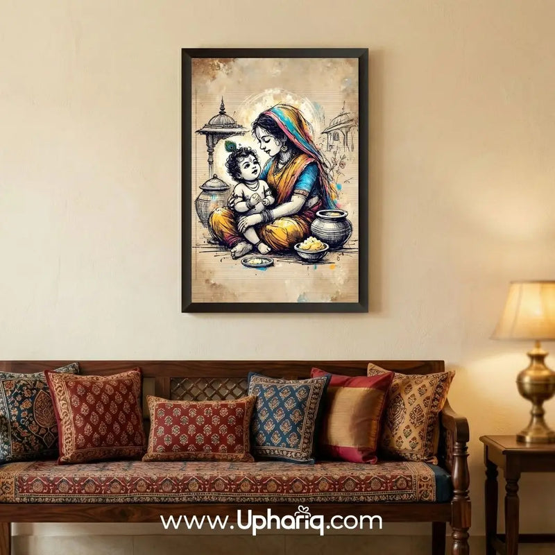Yashoda Lala Krishna matte photo frame displayed on wall in traditional Indian living room with patterned wooden sofa set